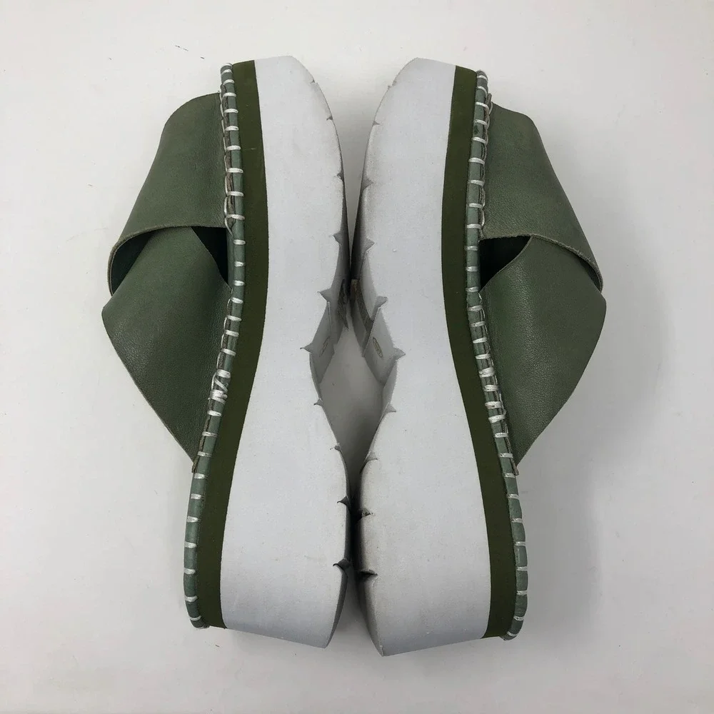 Chocolat Blu Magic Platform Sandal Women 40 US 9‎ Green Leather Whipstitch Slide